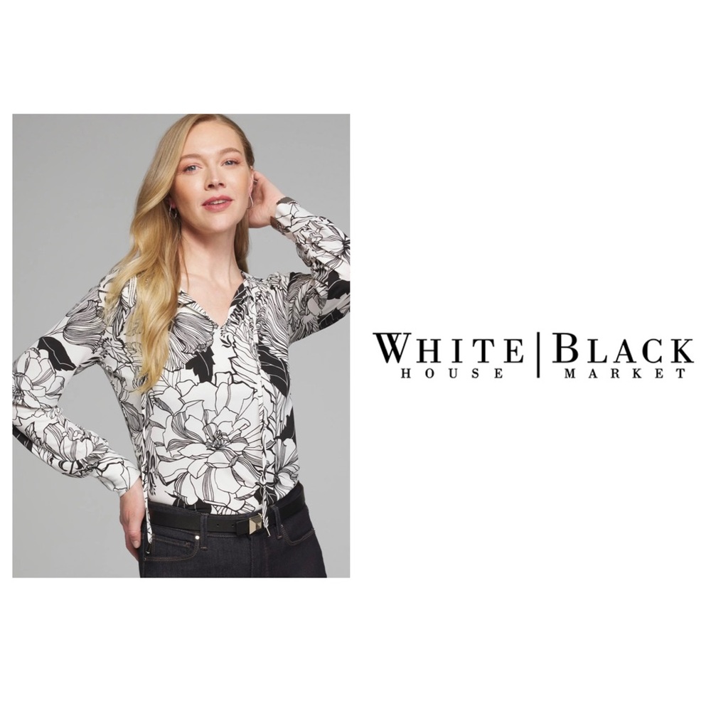 White House Black Market Black and White Floral Blouse. NWT.